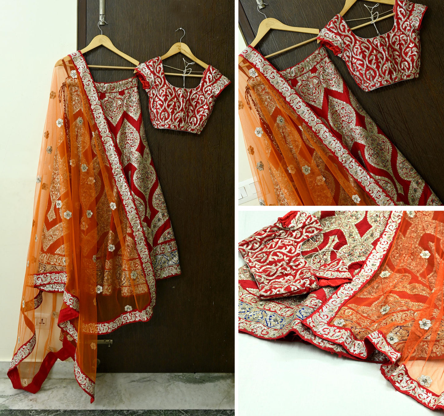 Indian Pre-owned Heavy Red & Orange Pure Chanderi Silk/Net Hand Embroidered Lehenga 3pcs Set By Designer Sabyasachi Bridal Wear With Blouse