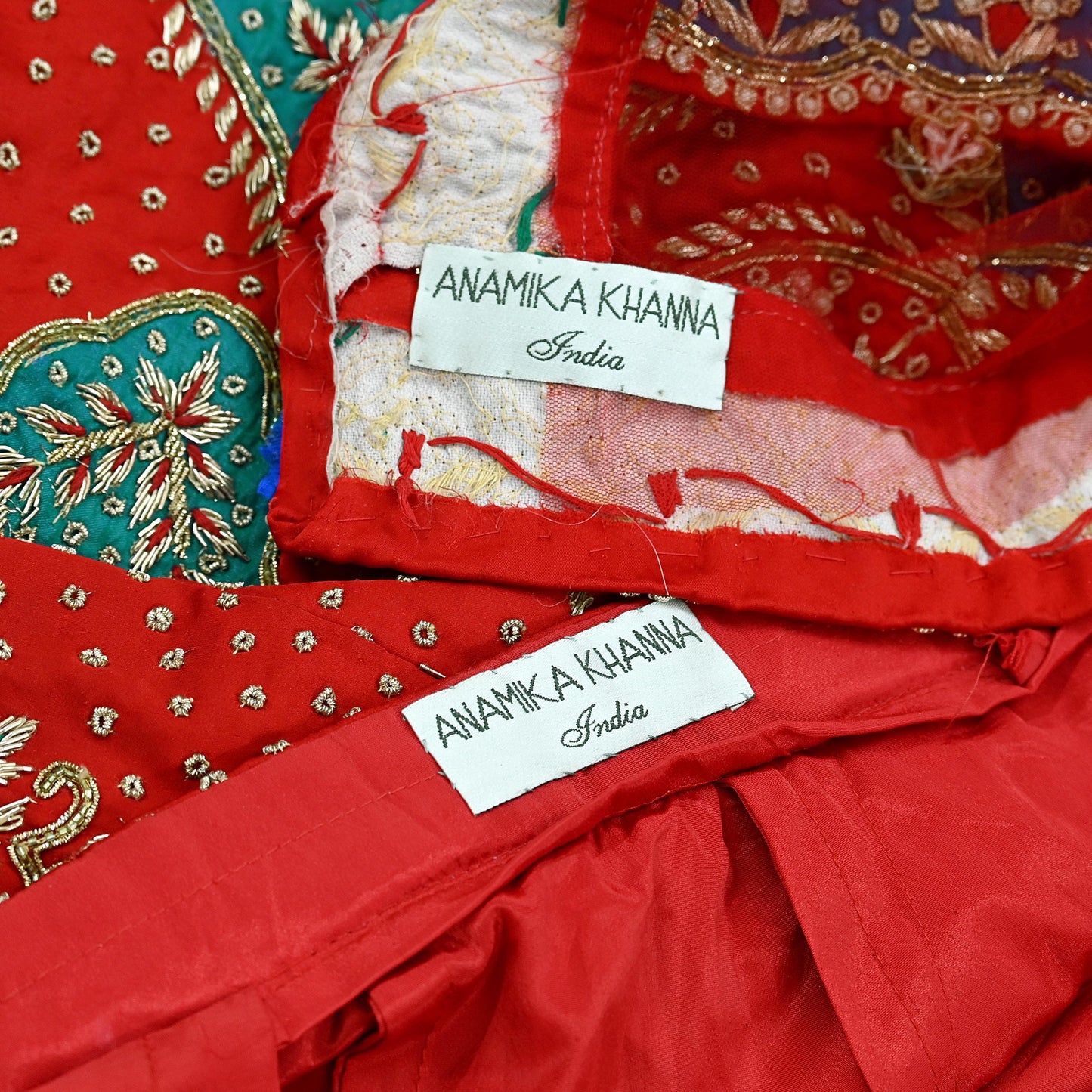 Vintage Anamika Khanna Red Satin Silk Net Hand Embroidered Lehenga Dupatta 2pc Set Zardozi Bridal Wear Indian Wedding Couture Outfit