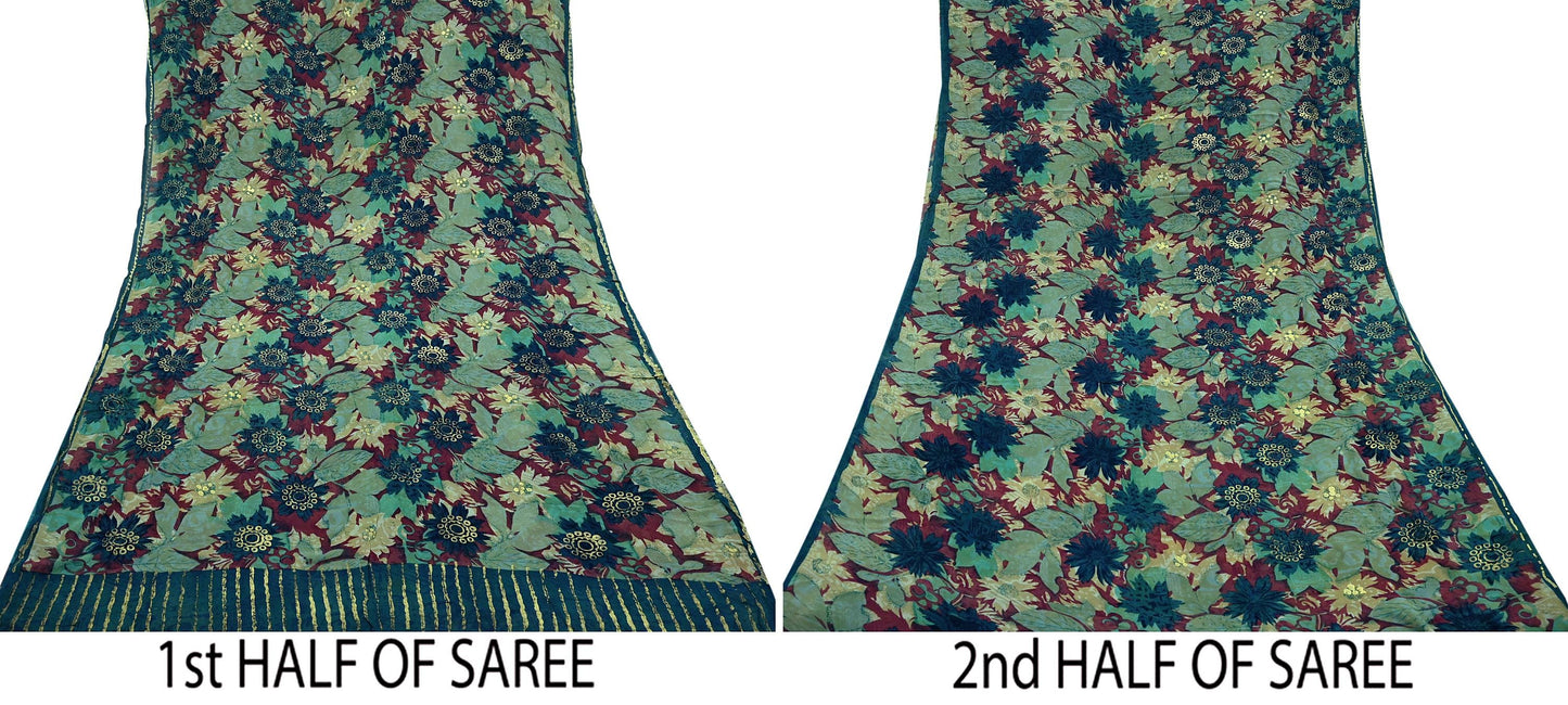 Indian Vintage Sari Green Pure Georgette Silk Printed Sarees Craft Fabric Sewing 5Yd Soft Sari Dress Making Crafting Quilting Upcycle