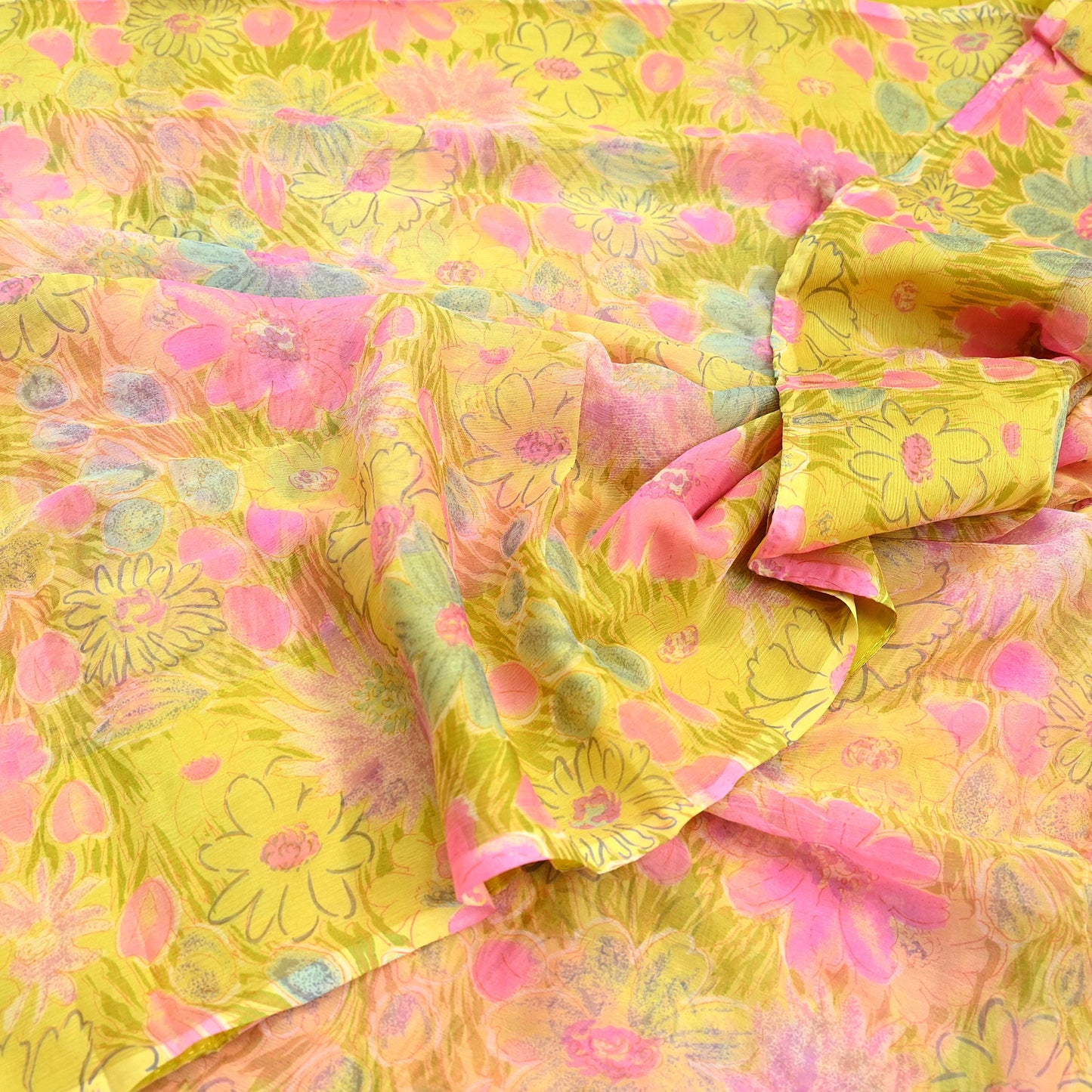 Indian Women Vintage Yellow Saree Pure Chiffon Silk Printed Sari Craft Fabric Sewing 5Yd Soft Light Sari Dress Making Floral