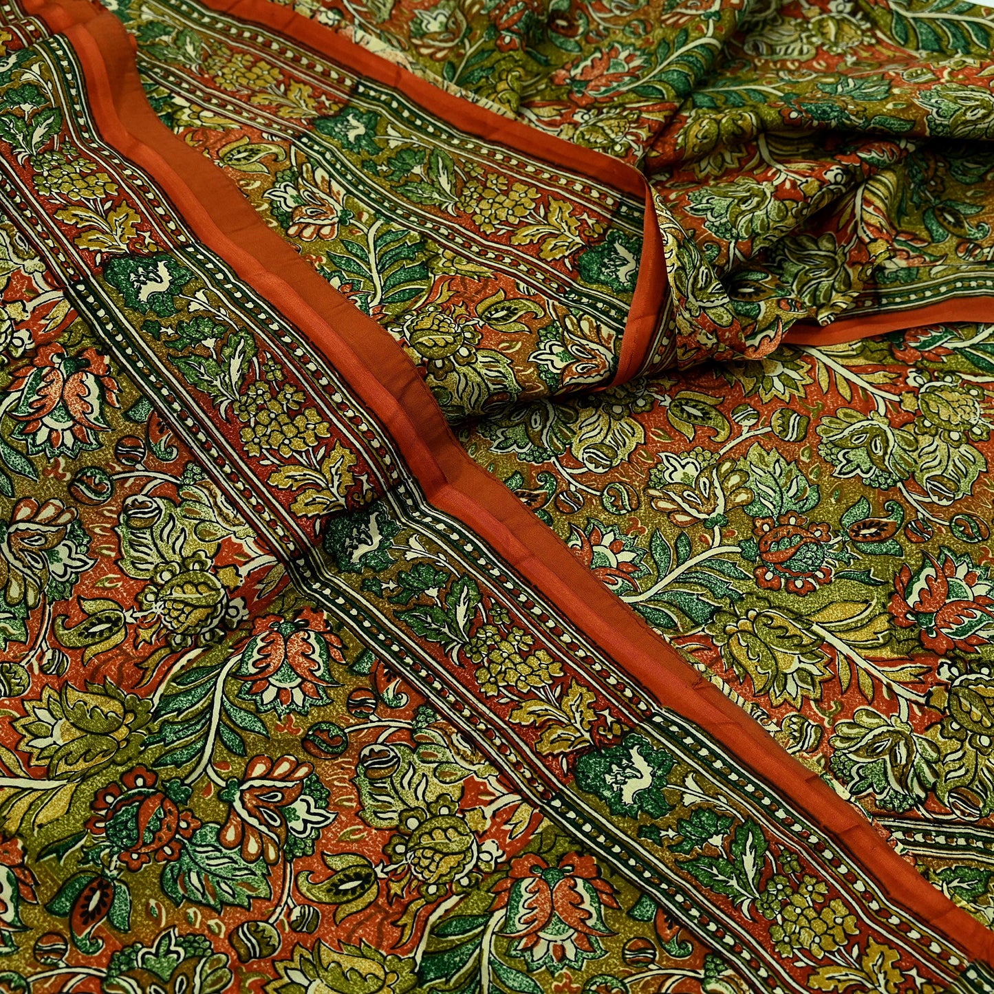 Indian Vintage Sari Orange & Green 100% Pure Silk Printed Saree Craft Fabric 5yd Sewing Dress Making Soft Wrap Quilting Crafting Upcycle