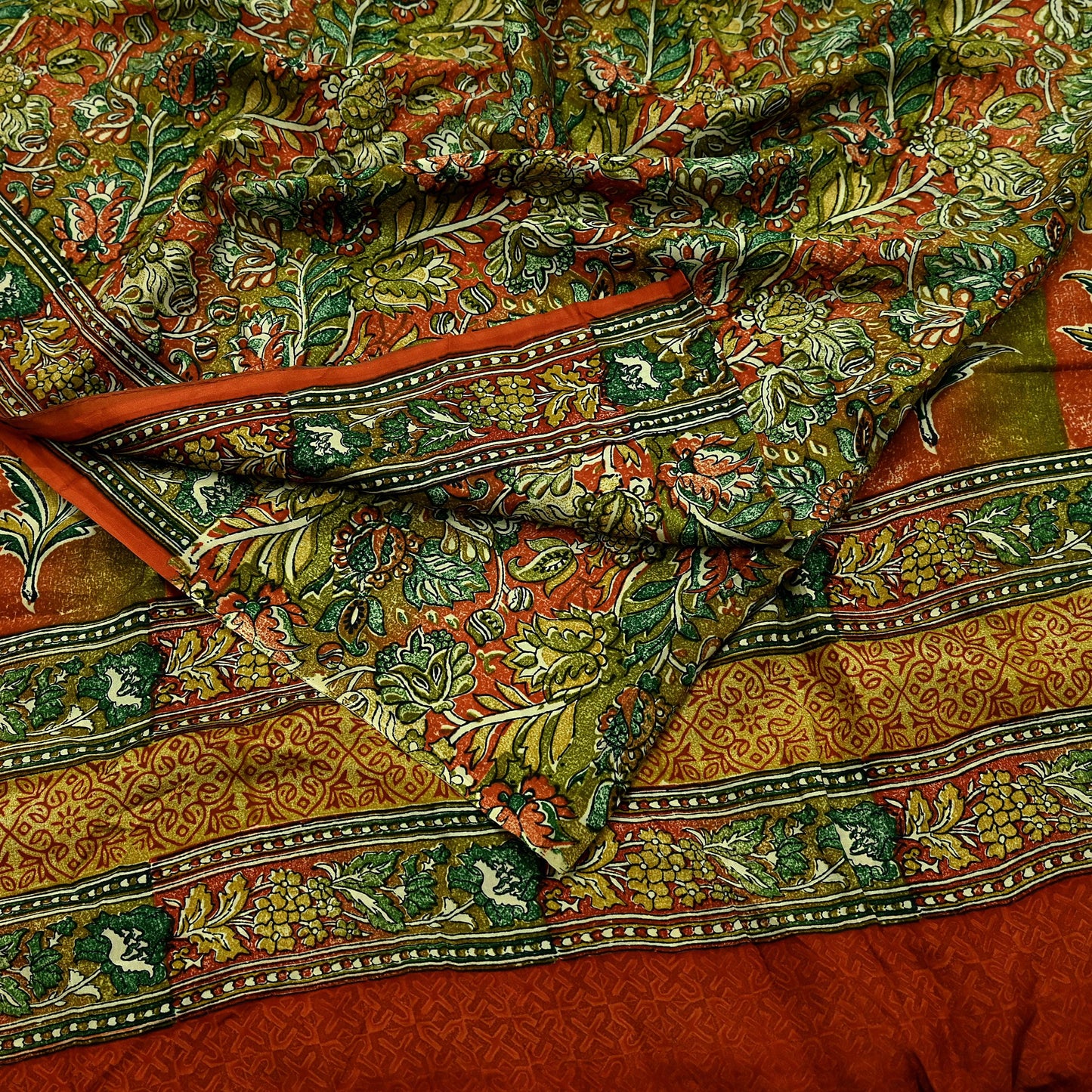 Indian Vintage Sari Orange & Green 100% Pure Silk Printed Saree Craft Fabric 5yd Sewing Dress Making Soft Wrap Quilting Crafting Upcycle