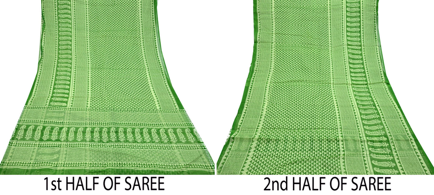Indian Vintage Sari Green & Ivory Printed Pure Cotton Sarees 5Yd Craft Fabric Soft Sewing Sarong Wrap Boho Upcycle quilting Dress making