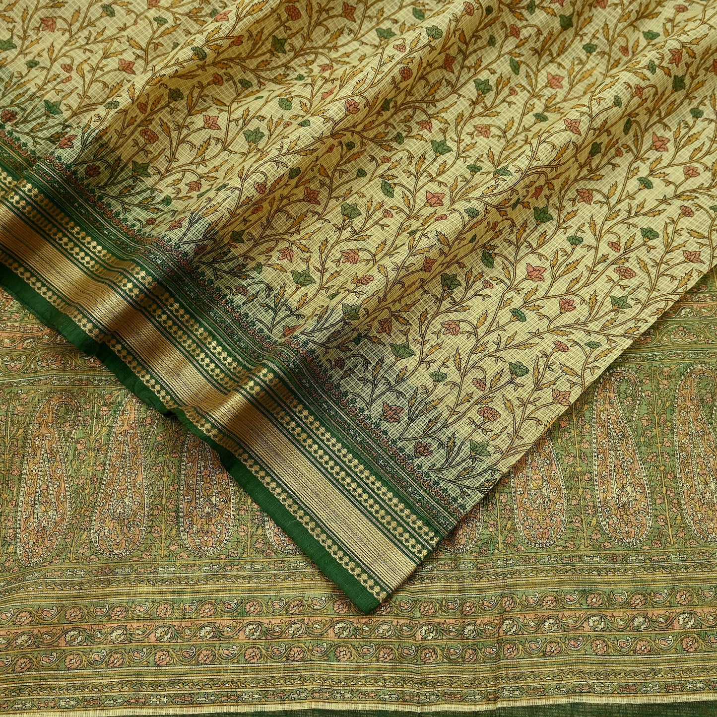 Indian Vintage Sari Beige & Green Pure Cotton Printed Sarees Craft Fabric Soft 5Yd Sarong Wrap Boho Fabric Kimono Quilting Crafting Upcycle