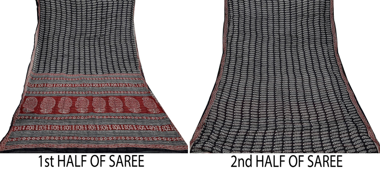 Indian Vintage Sari Maroon & Black Printed 100% Pure Cotton Saree Craft Soft Fabric 5Yd Sewing Sarong Wrap Floral Quilting Upcycle Crafting