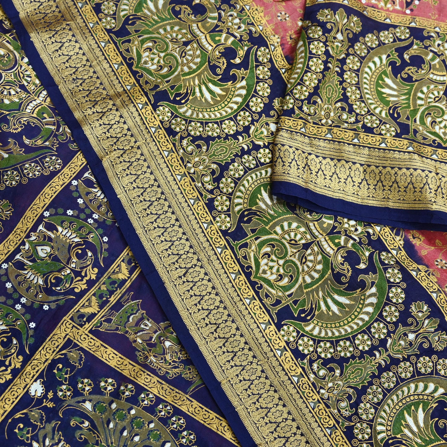 Indian Vintage Sari Peach & Blue 100% Pure Silk Painted Sarees 5yd Sewing Craft Fabric DressMaking Soft Wrap