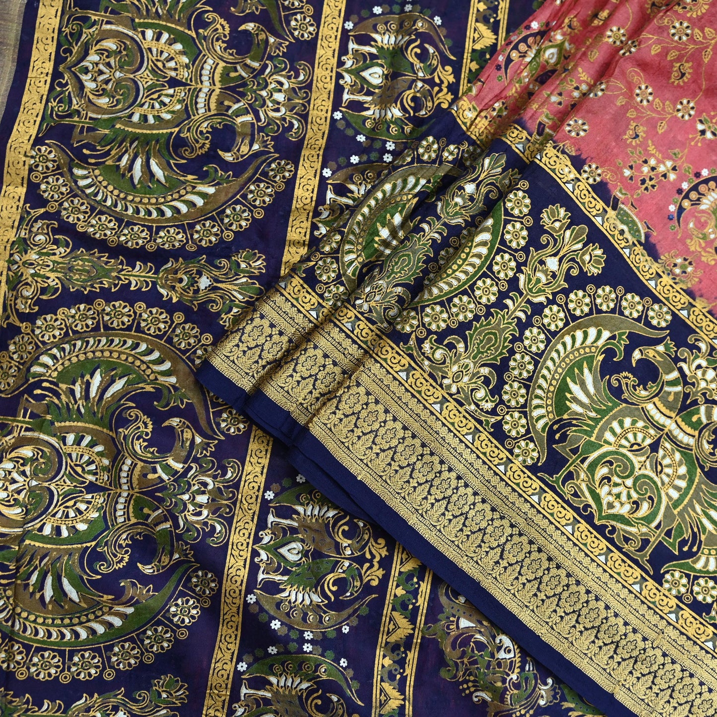 Indian Vintage Sari Peach & Blue 100% Pure Silk Painted Sarees 5yd Sewing Craft Fabric DressMaking Soft Wrap