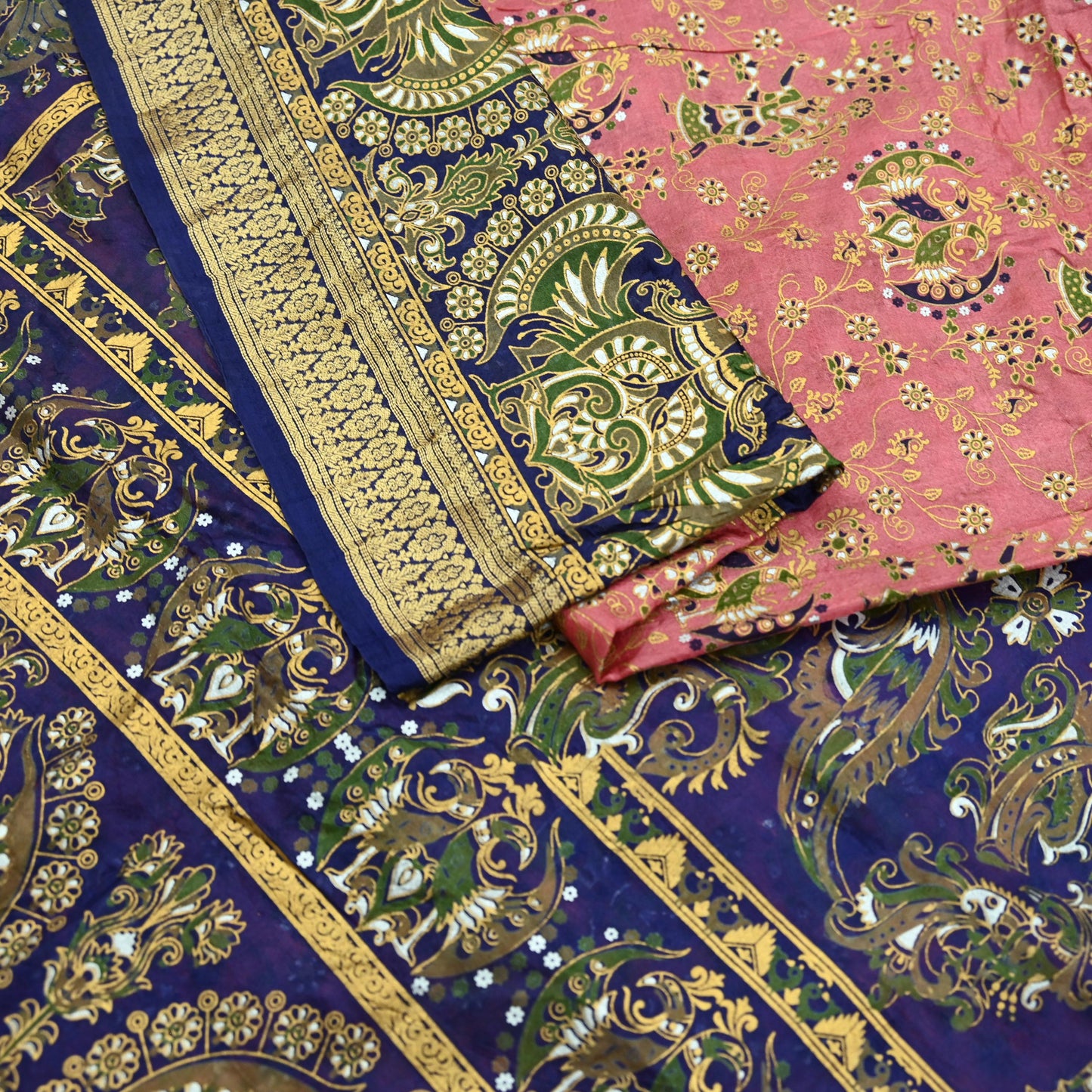 Indian Vintage Sari Peach & Blue 100% Pure Silk Painted Sarees 5yd Sewing Craft Fabric DressMaking Soft Wrap