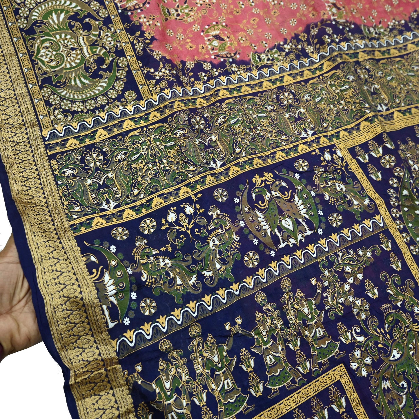 Indian Vintage Sari Peach & Blue 100% Pure Silk Painted Sarees 5yd Sewing Craft Fabric DressMaking Soft Wrap