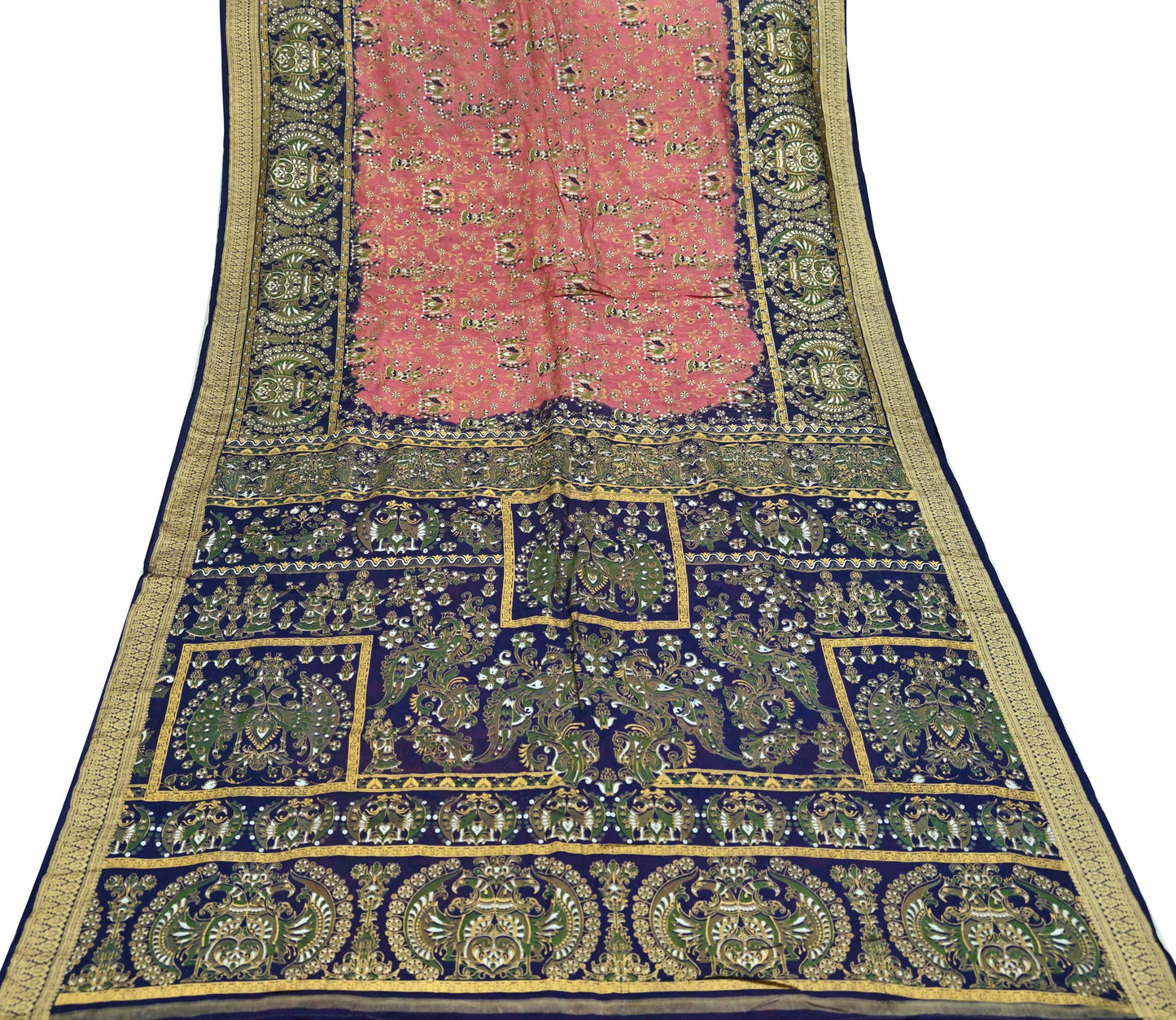 Indian Vintage Sari Peach & Blue 100% Pure Silk Painted Sarees 5yd Sewing Craft Fabric DressMaking Soft Wrap