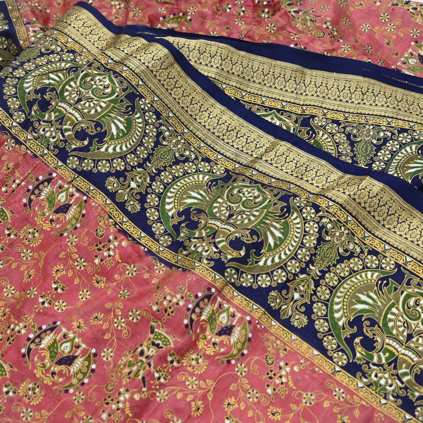 Indian Vintage Sari Peach & Blue 100% Pure Silk Painted Sarees 5yd Sewing Craft Fabric DressMaking Soft Wrap
