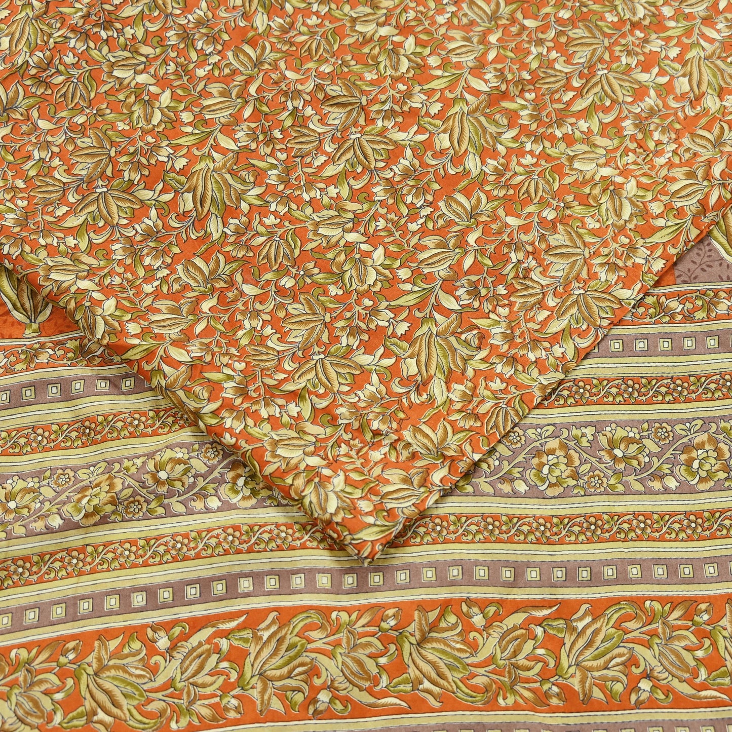 Indian Vintage Sari Orange 100% Pure Silk Printed Saree Craft Fabric 5yd Sewing Dress Making Soft Wrap Paisley Quilting Crafting Upcycle