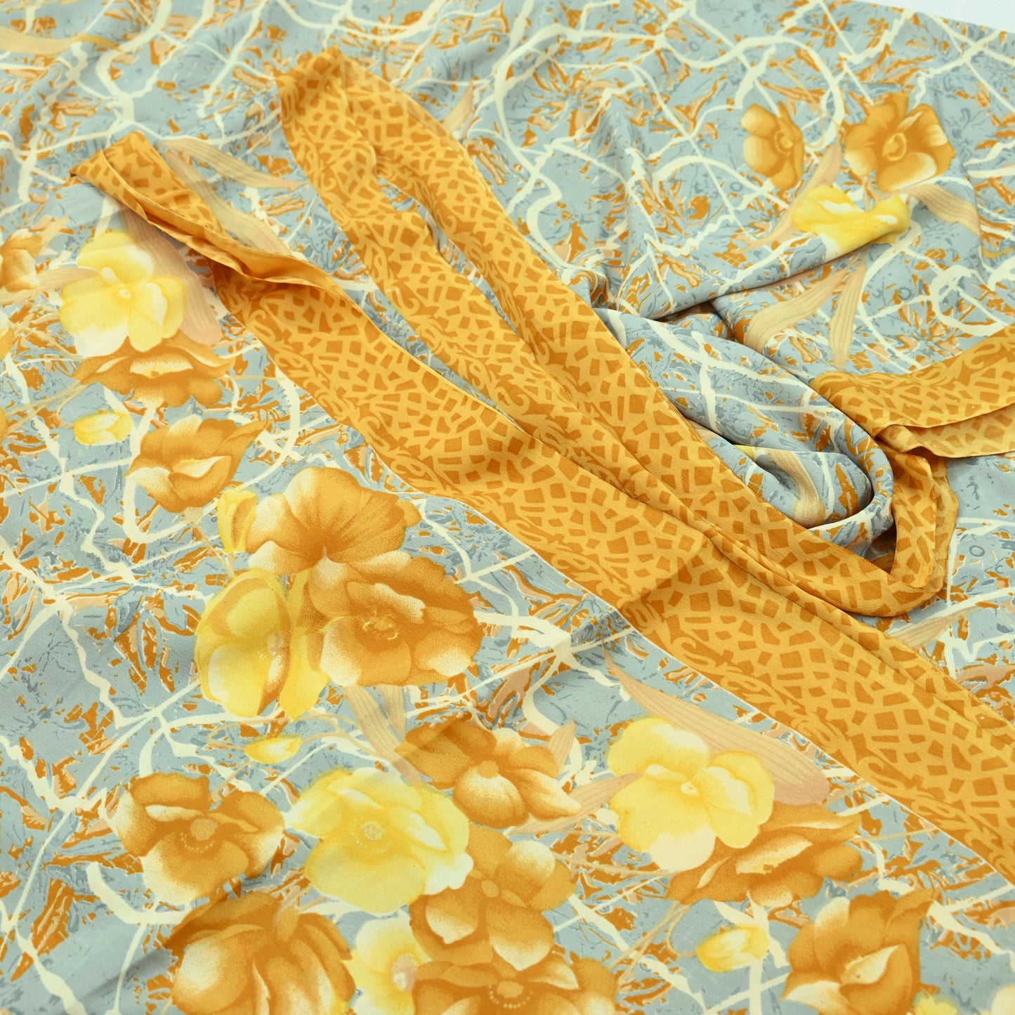 Indian Vintage Mustard & Gray Sarees Moss Crepe Printed Sari 5yd Sewing Floral Soft Craft Fabric DressMaking For Crafting Quilting Upcycle