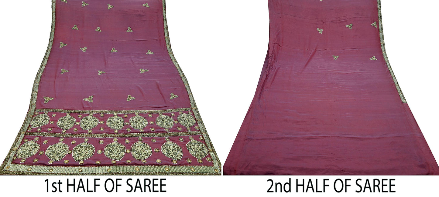 Indian Vintage Heavy Sarees Purple & Peach Pure Silk Hand Embroidered Sari Fabric 5Yd Sewing Ethnic Zardozi/dabka zari Wedding sarees