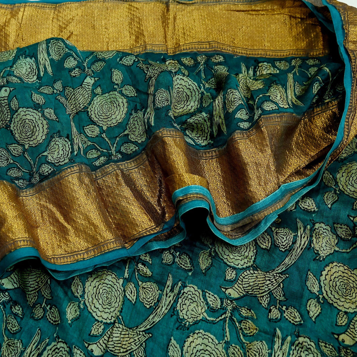 Indian Vintage Green Saree Block Printed Sari Pure chanderi Silk Sari Craft Fabric 5Yd Floral Soft Zari Dress making Bollywood saree Birds