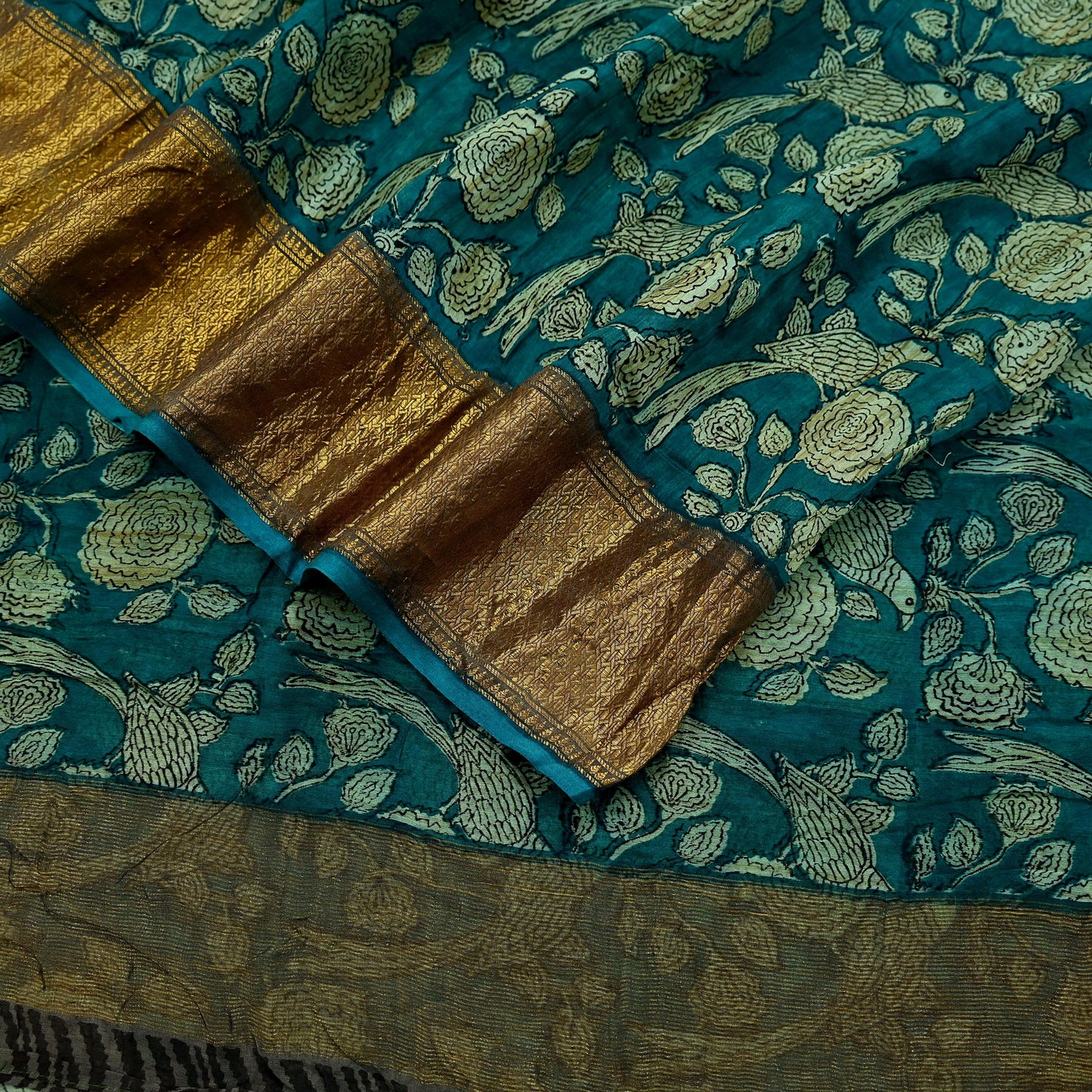 Indian Vintage Green Saree Block Printed Sari Pure chanderi Silk Sari Craft Fabric 5Yd Floral Soft Zari Dress making Bollywood saree Birds