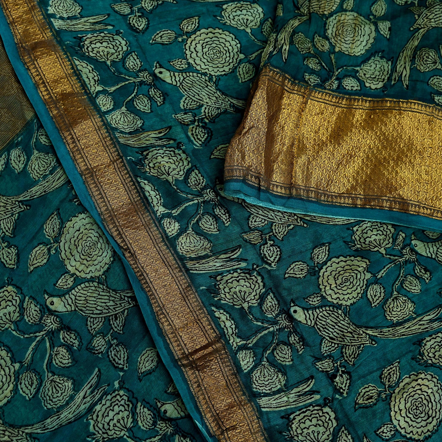 Indian Vintage Green Saree Block Printed Sari Pure chanderi Silk Sari Craft Fabric 5Yd Floral Soft Zari Dress making Bollywood saree Birds
