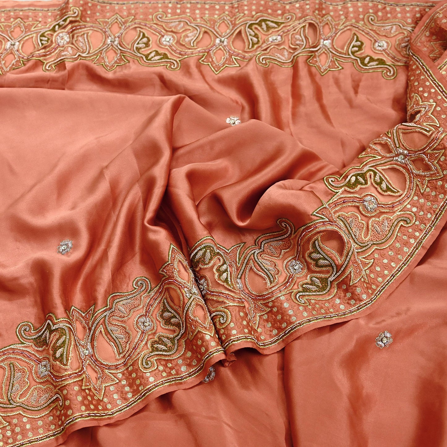 Indian Vintage Heavy Peach Sari Hand Embroidered Saree 100% Pure Satin Silk Craft Fabric 5yd Soft Dress making Wedding/Party Wear Zardozi