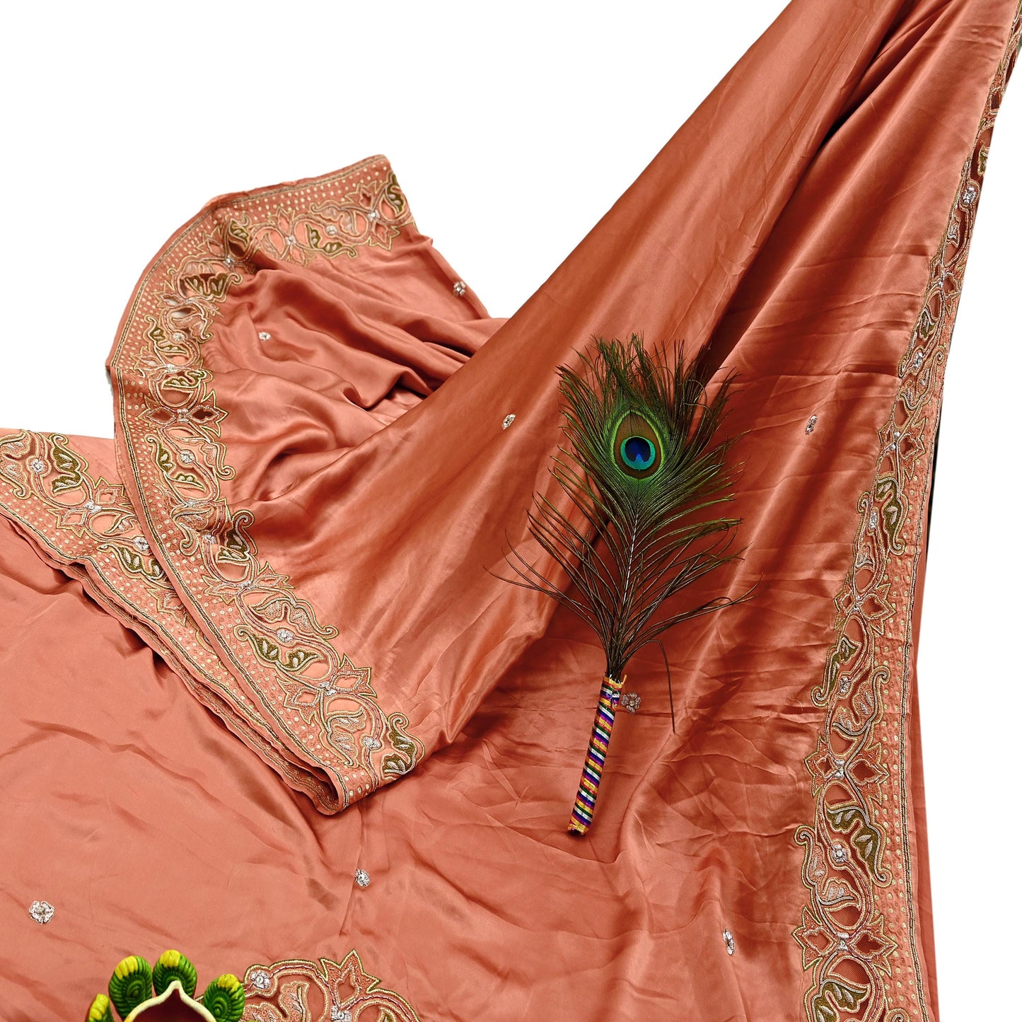 Indian Vintage Heavy Peach Sari Hand Embroidered Saree 100% Pure Satin Silk Craft Fabric 5yd Soft Dress making Wedding/Party Wear Zardozi