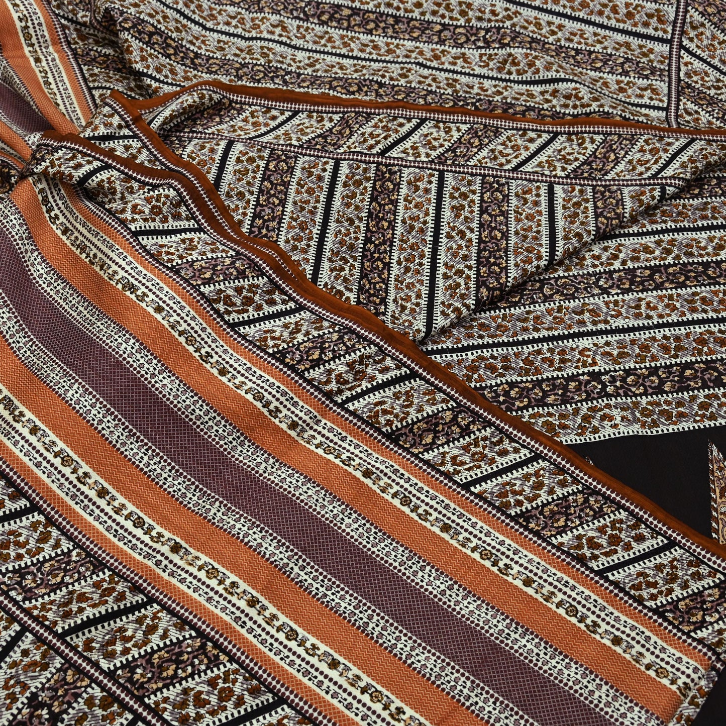 Indian Vintage Sari Brown & Ivory Printed 100% Pure Satin Silk Sarees 5yd Sewing Craft Fabric Dress Making Wrap Upcycle Quilting Crafting