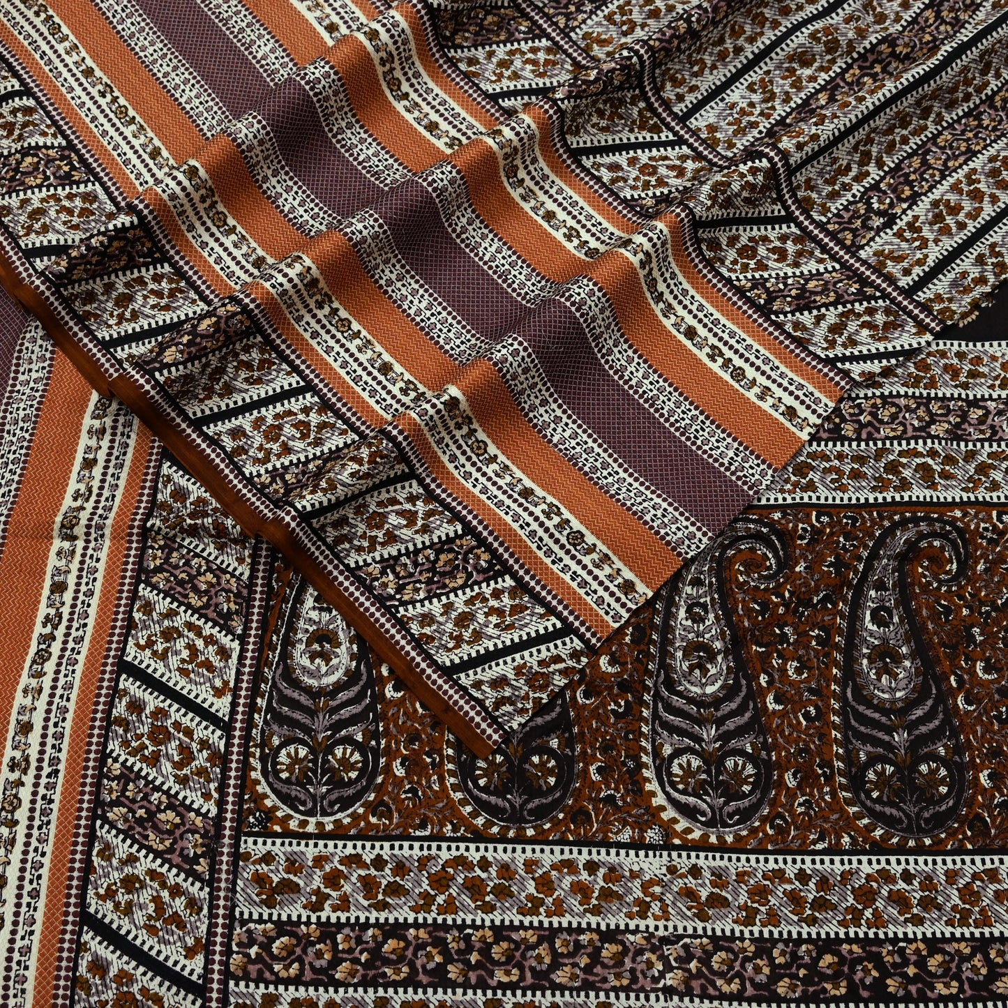 Indian Vintage Sari Brown & Ivory Printed 100% Pure Satin Silk Sarees 5yd Sewing Craft Fabric Dress Making Wrap Upcycle Quilting Crafting