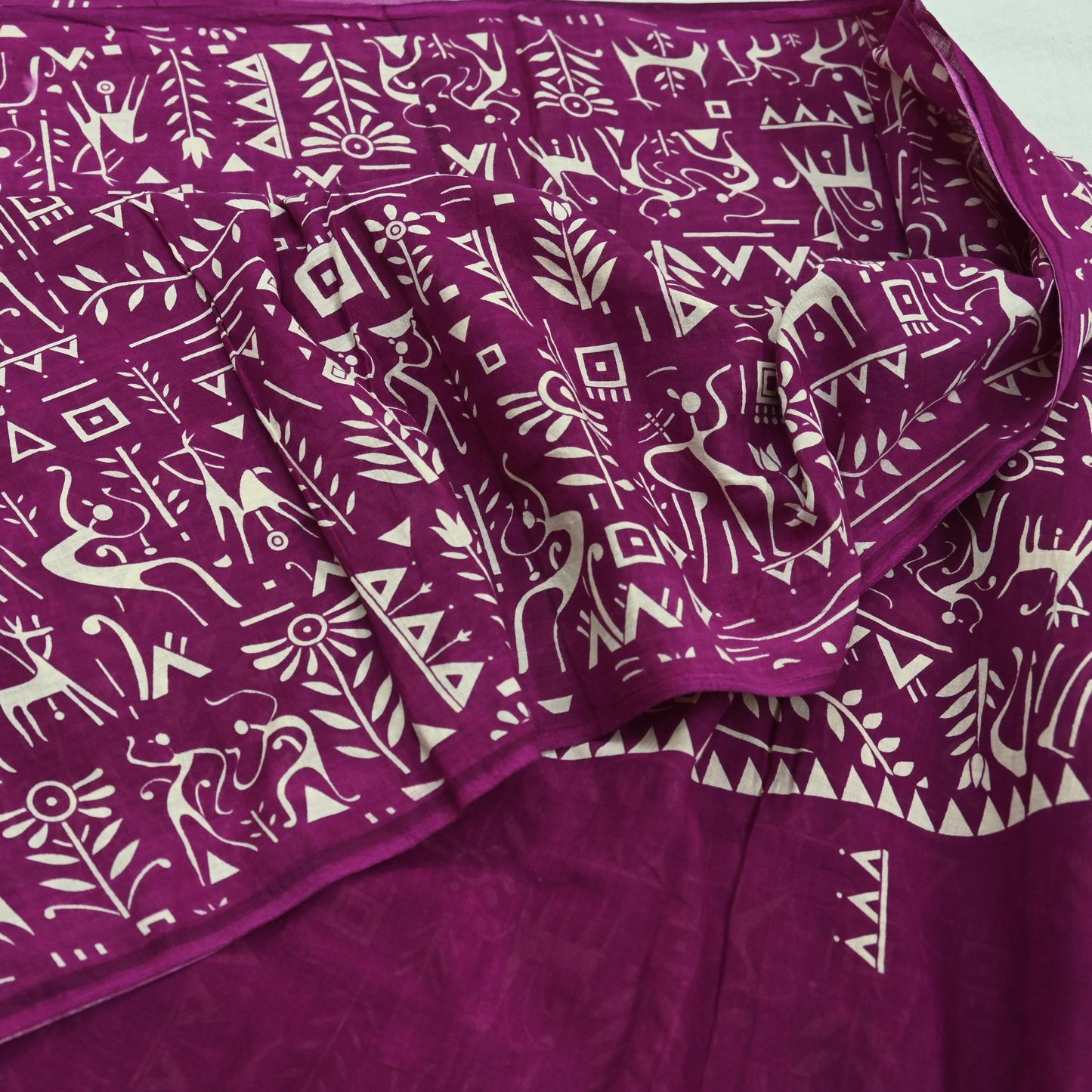 Indian Vintage Sari Purple & Ivory Warli Printed Saree 100% Pure Cotton 5Yd Craft Fabric Soft Sewing Sarong Wrap Quilting Dress Making