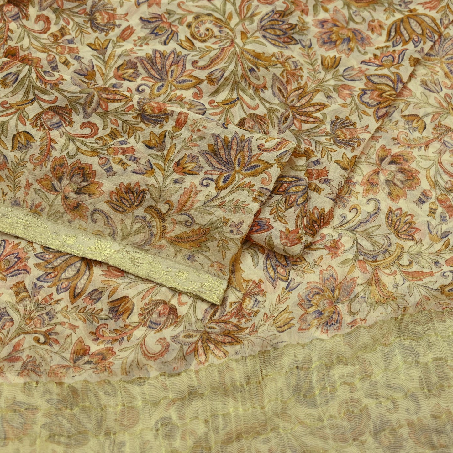 Indian Women Vintage Beige Saree Pure Chiffon Silk Printed Sari Craft Fabric Sewing 5Yd Soft Light Sari Dress Making Zari