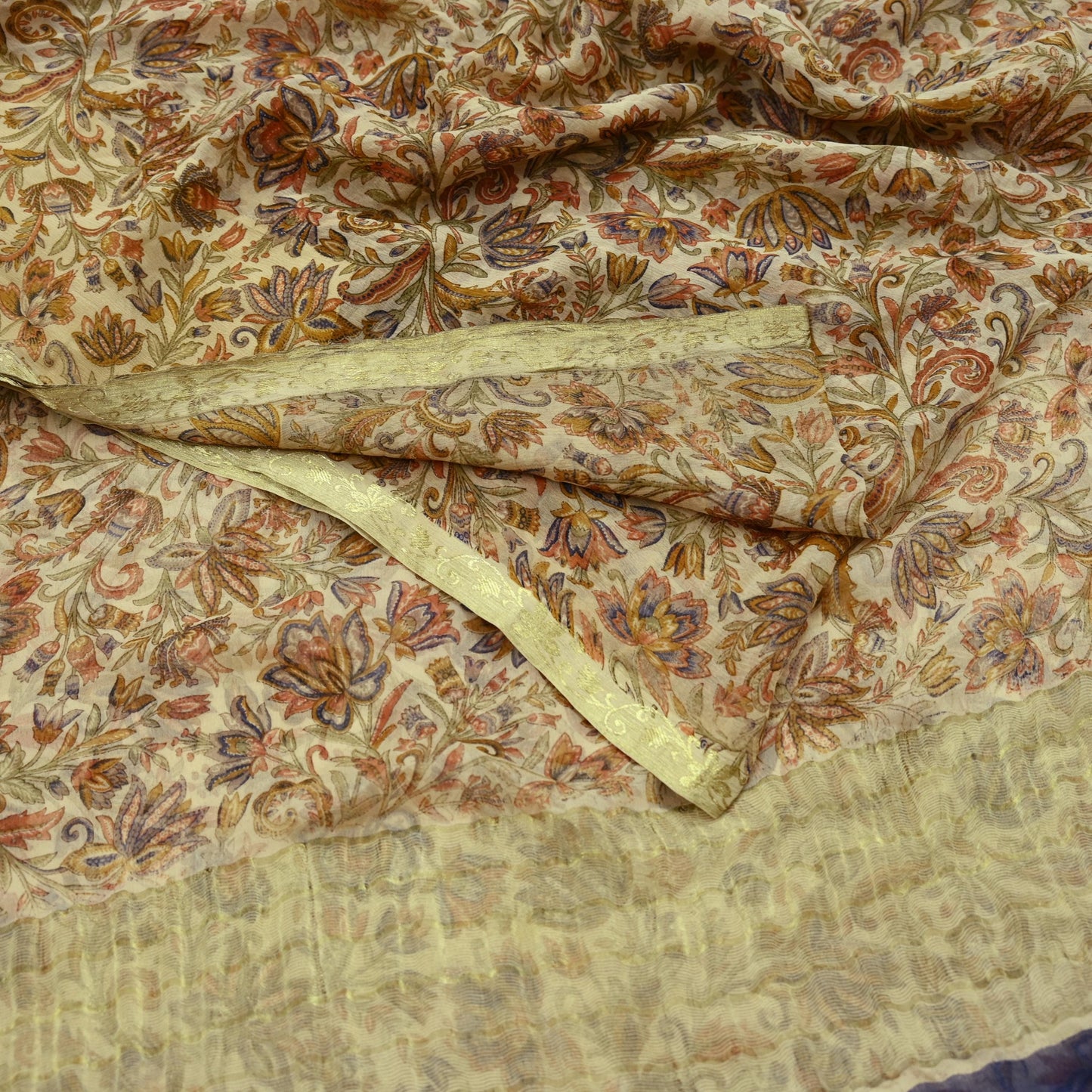 Indian Women Vintage Beige Saree Pure Chiffon Silk Printed Sari Craft Fabric Sewing 5Yd Soft Light Sari Dress Making Zari