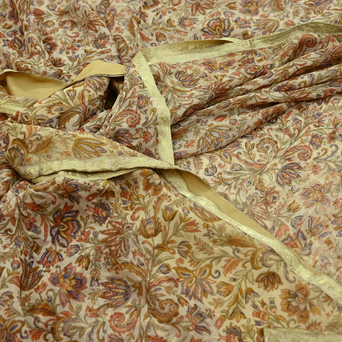 Indian Women Vintage Beige Saree Pure Chiffon Silk Printed Sari Craft Fabric Sewing 5Yd Soft Light Sari Dress Making Zari