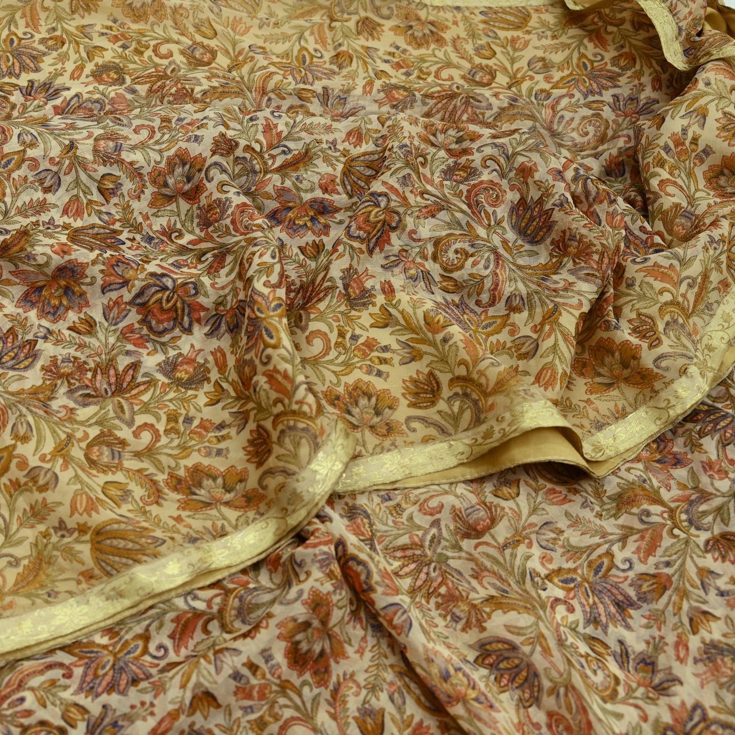 Indian Women Vintage Beige Saree Pure Chiffon Silk Printed Sari Craft Fabric Sewing 5Yd Soft Light Sari Dress Making Zari