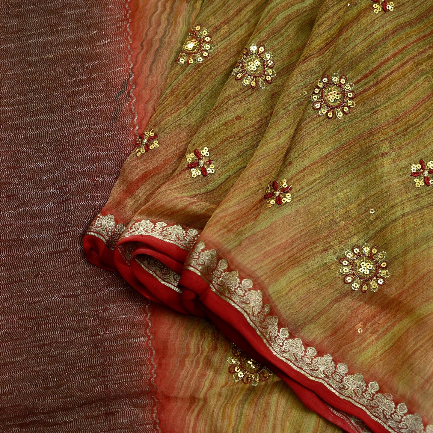Indian Vintage Dupatta Green Pure Georgette Silk Long Stole Hand Embroidered Scarves Floral Design Stole Veil Wrap