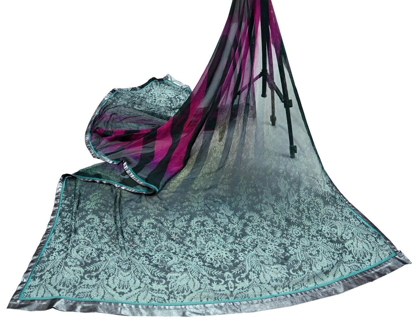 Indian Vintage Dupatta Green & Purple Long Stole Hand Embroidered Printed stole Pure Georgette Silk Indian Scarves Veil Wrap Soft