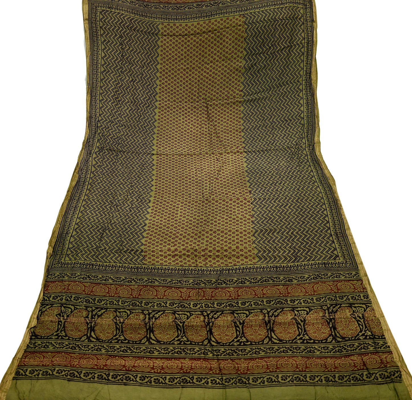 Indian Vintage Green Dupatta Long Stole Block Print Pure Chanderi Silk Scarves Veil Floral Design Upcycle Party wear hijab Zari Border