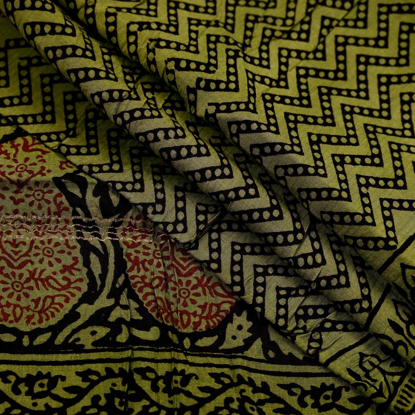 Indian Vintage Green Dupatta Long Stole Block Print Pure Chanderi Silk Scarves Veil Floral Design Upcycle Party wear hijab Zari Border