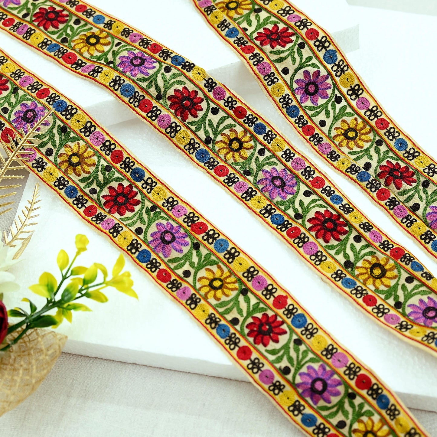 Indian Antique Vintage Real Parsi Gara Border Beige Hand Embroidered Craft Trim Lace Sewing Sarees Ribbon Recycled 7yard