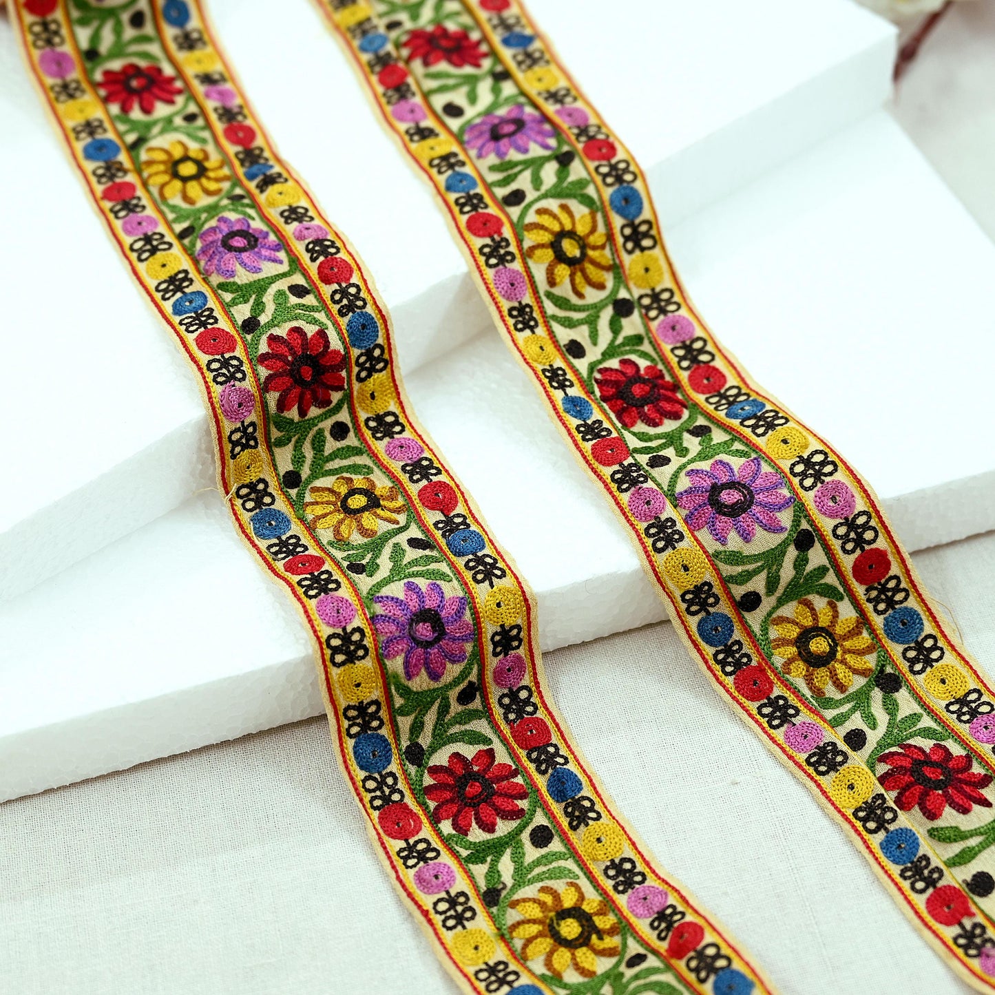 Indian Antique Vintage Real Parsi Gara Border Beige Hand Embroidered Craft Trim Lace Sewing Sarees Ribbon Recycled 7yard