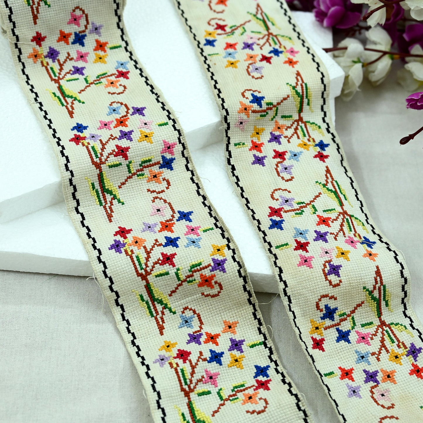 Indian Antique Vintage Hand Embroidered Cross Stitch Sari Border White Craft Trim Lace Sewing Sarees Ribbon Recycled 7yard Pure Cotton