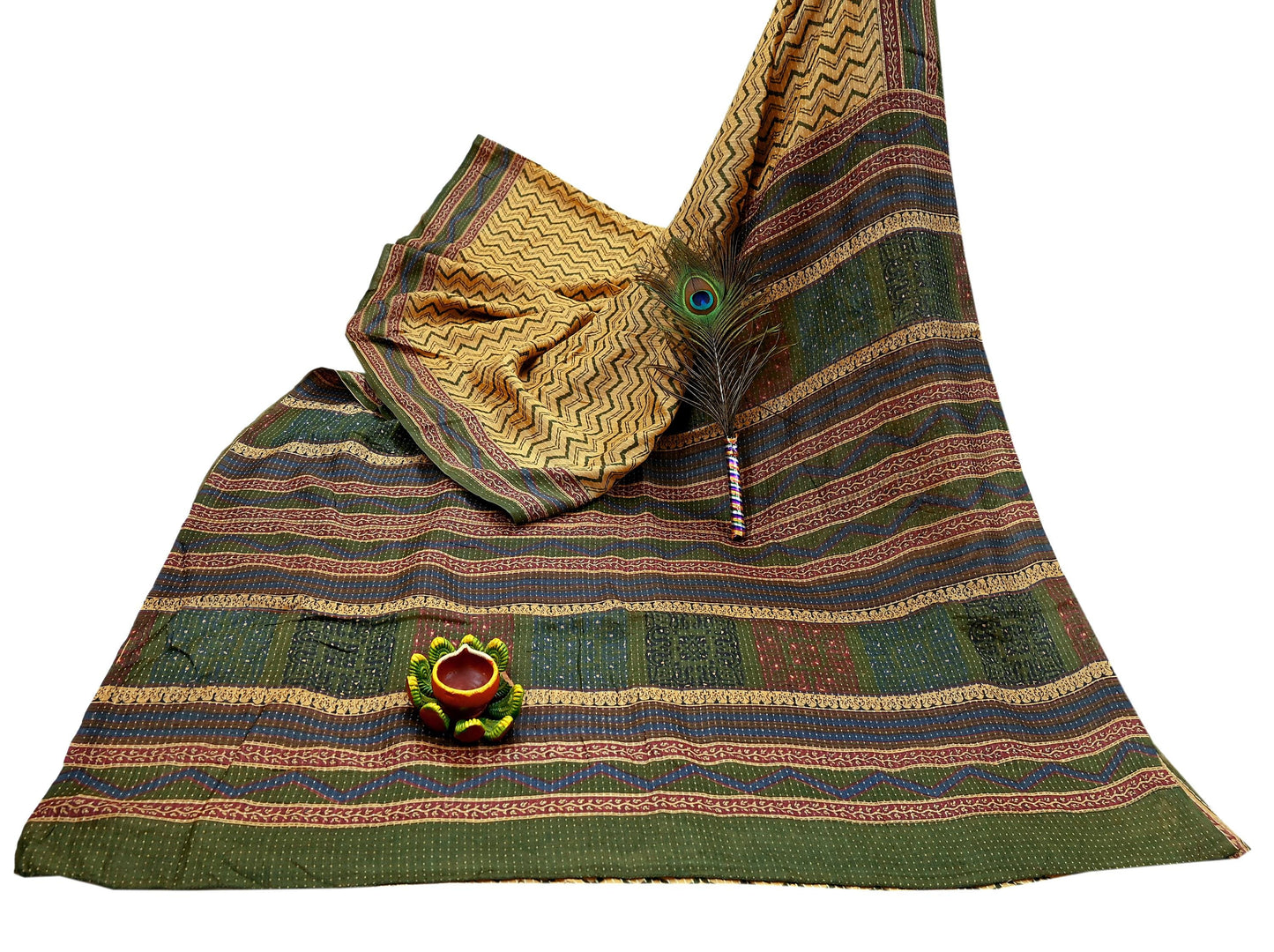 Indian Vintage Heavy Sari Beige & Green Pure Khadi Silk Handloom Saree Craft Fabric 5yd Ethnic Wear Dress making For Crafting Quilting