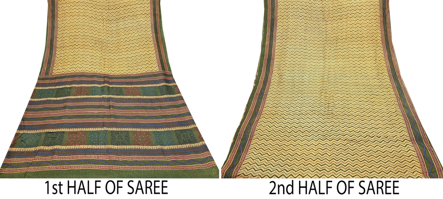 Indian Vintage Heavy Sari Beige & Green Pure Khadi Silk Handloom Saree Craft Fabric 5yd Ethnic Wear Dress making For Crafting Quilting
