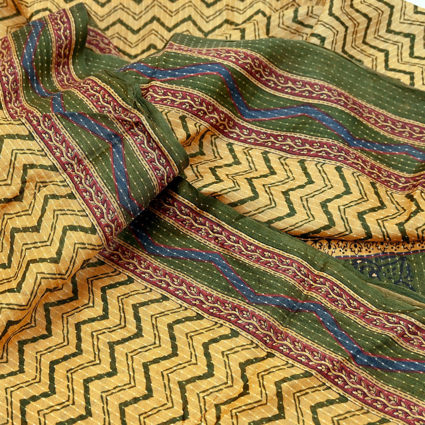 Indian Vintage Heavy Sari Beige & Green Pure Khadi Silk Handloom Saree Craft Fabric 5yd Ethnic Wear Dress making For Crafting Quilting