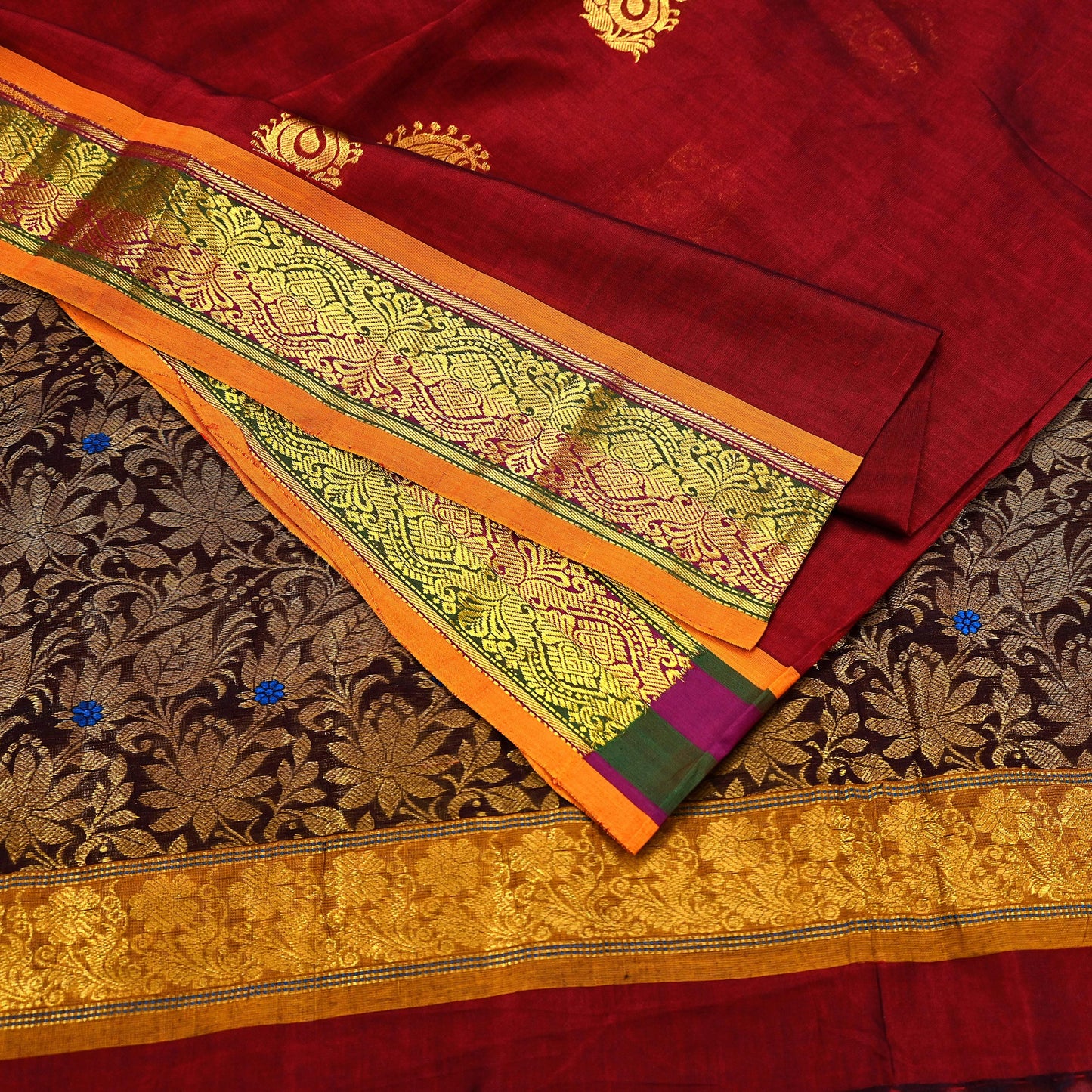 Indian Vintage Heavy Maroon & Brown Kanjivaram Saree 100% Pure Silk Sari Zari 5Yd Floral Crafting Dress making Crafting Quilting