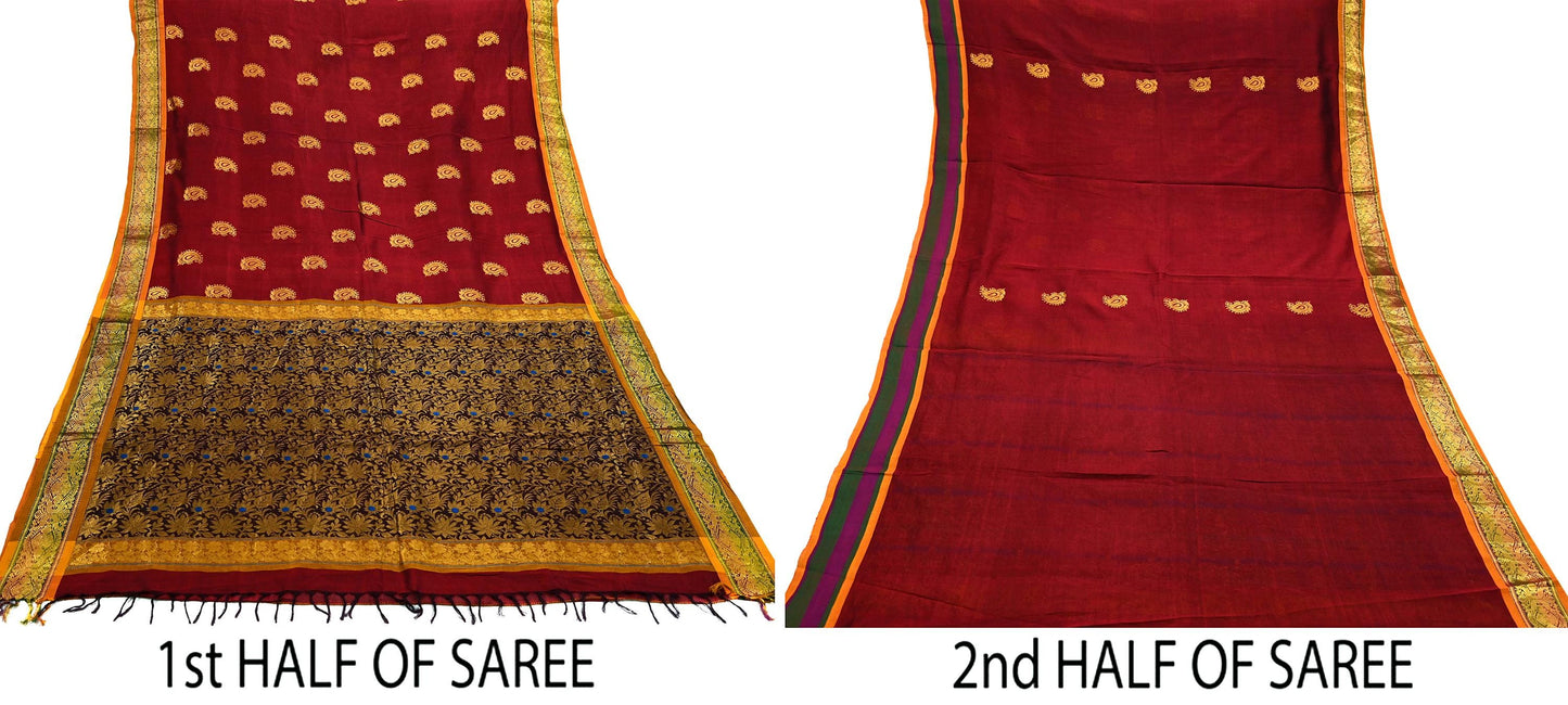 Indian Vintage Heavy Maroon & Brown Kanjivaram Saree 100% Pure Silk Sari Zari 5Yd Floral Crafting Dress making Crafting Quilting