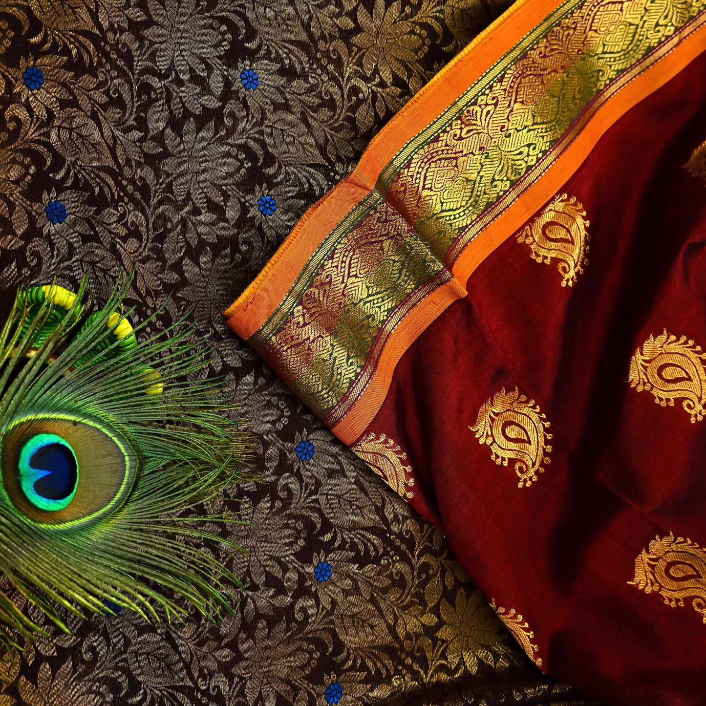 Indian Vintage Heavy Maroon & Brown Kanjivaram Saree 100% Pure Silk Sari Zari 5Yd Floral Crafting Dress making Crafting Quilting