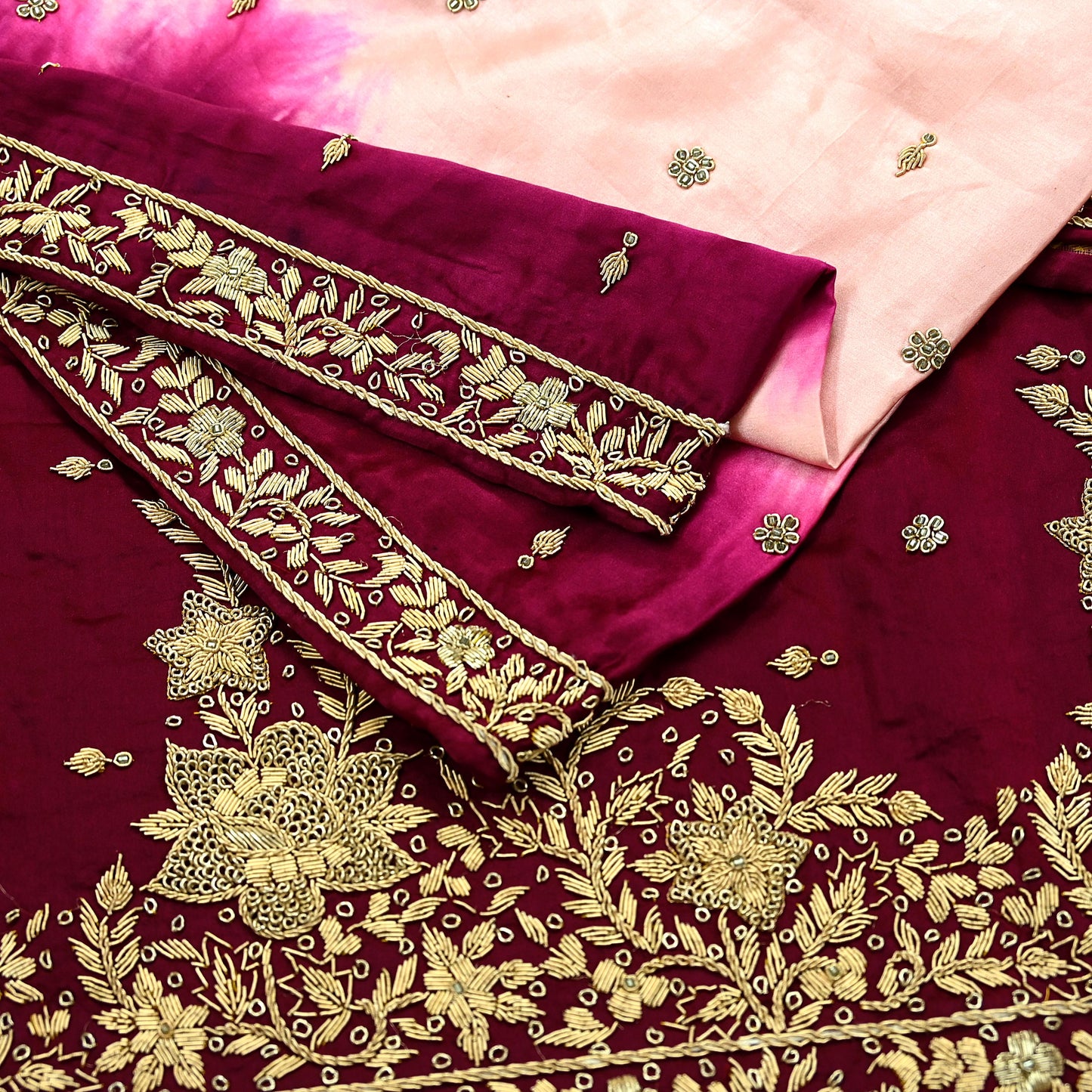 Indian Vintage Heavy Wedding Peach & Maroon Dupatta Pure Satin Silk Long Stole Hand Embroidered Scarves Golden Zardozi Veil