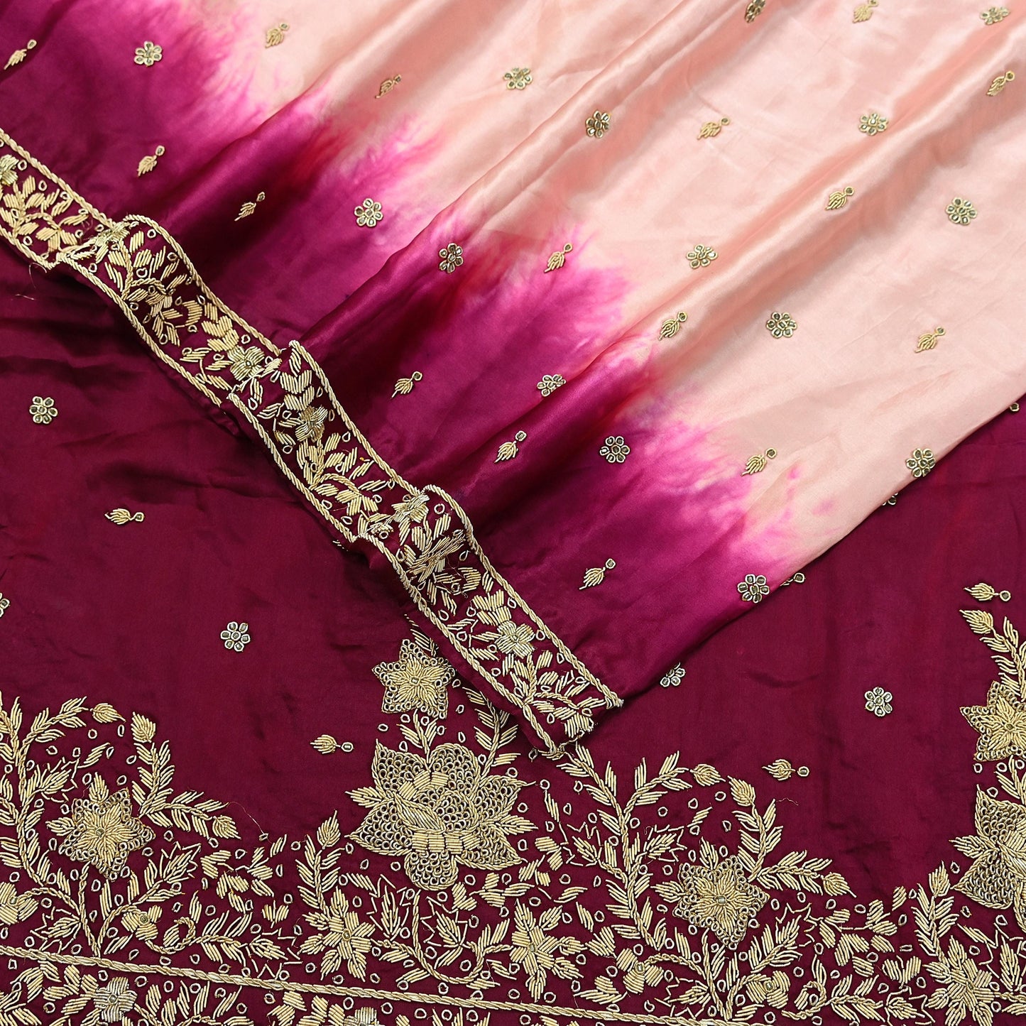 Indian Vintage Heavy Wedding Peach & Maroon Dupatta Pure Satin Silk Long Stole Hand Embroidered Scarves Golden Zardozi Veil