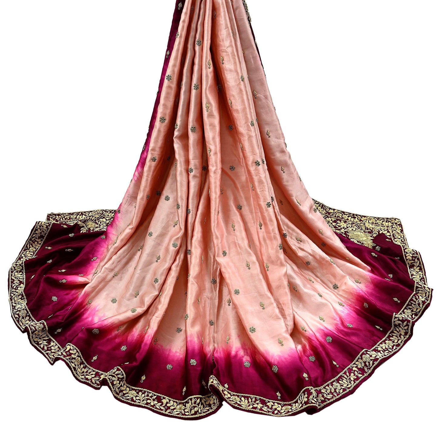 Indian Vintage Heavy Wedding Peach & Maroon Dupatta Pure Satin Silk Long Stole Hand Embroidered Scarves Golden Zardozi Veil