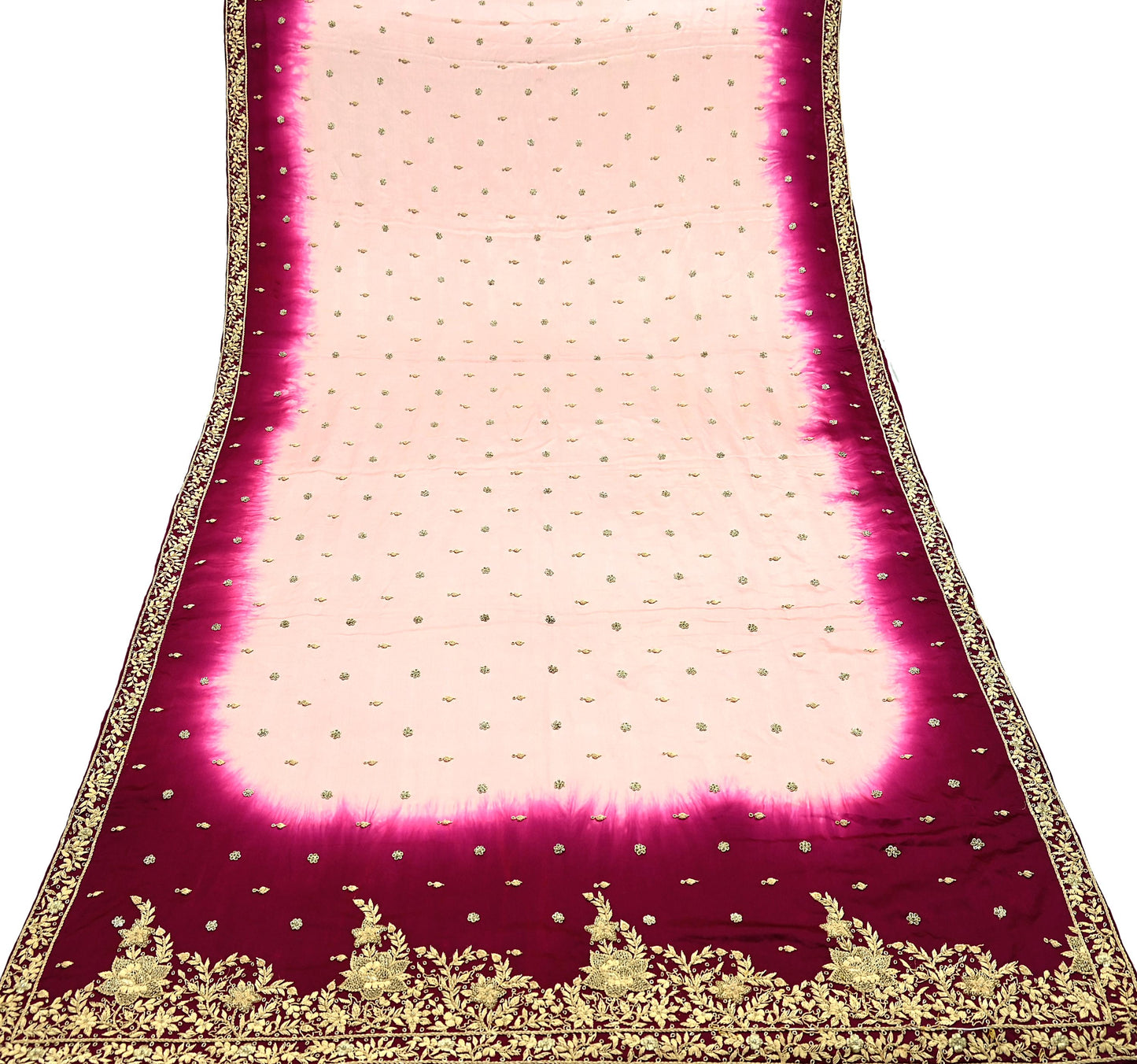 Indian Vintage Heavy Wedding Peach & Maroon Dupatta Pure Satin Silk Long Stole Hand Embroidered Scarves Golden Zardozi Veil