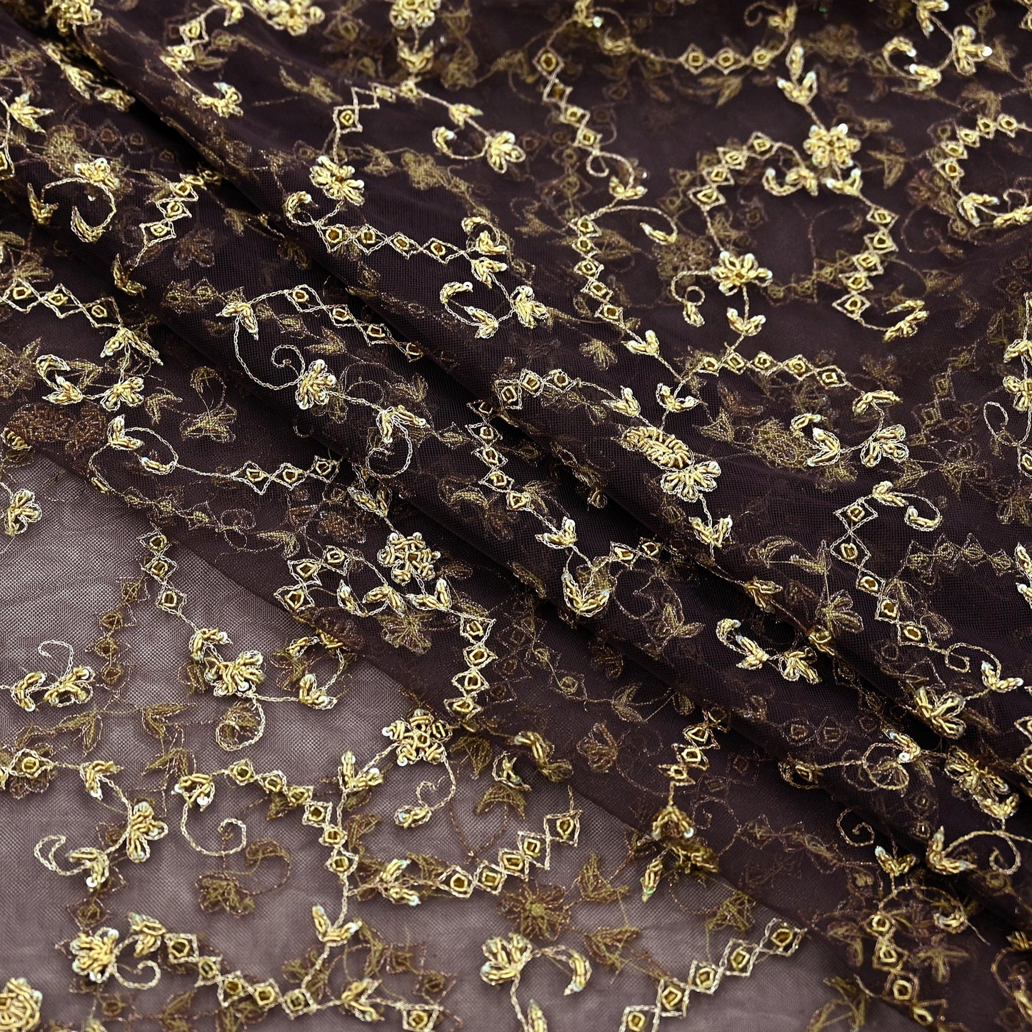 Indian Vintage Heavy Brown Dupatta Net Mesh Long Stole Hand Embroidered Scarf Zardozi Zari Sequins Stole Bridal Veil