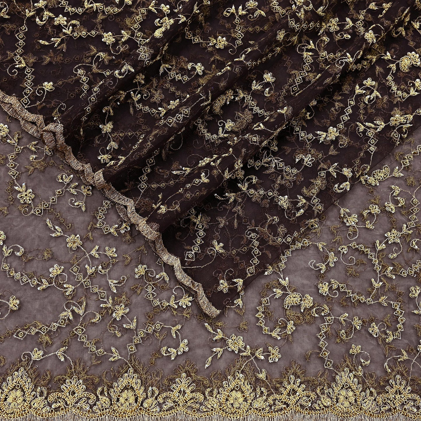 Indian Vintage Heavy Brown Dupatta Net Mesh Long Stole Hand Embroidered Scarf Zardozi Zari Sequins Stole Bridal Veil