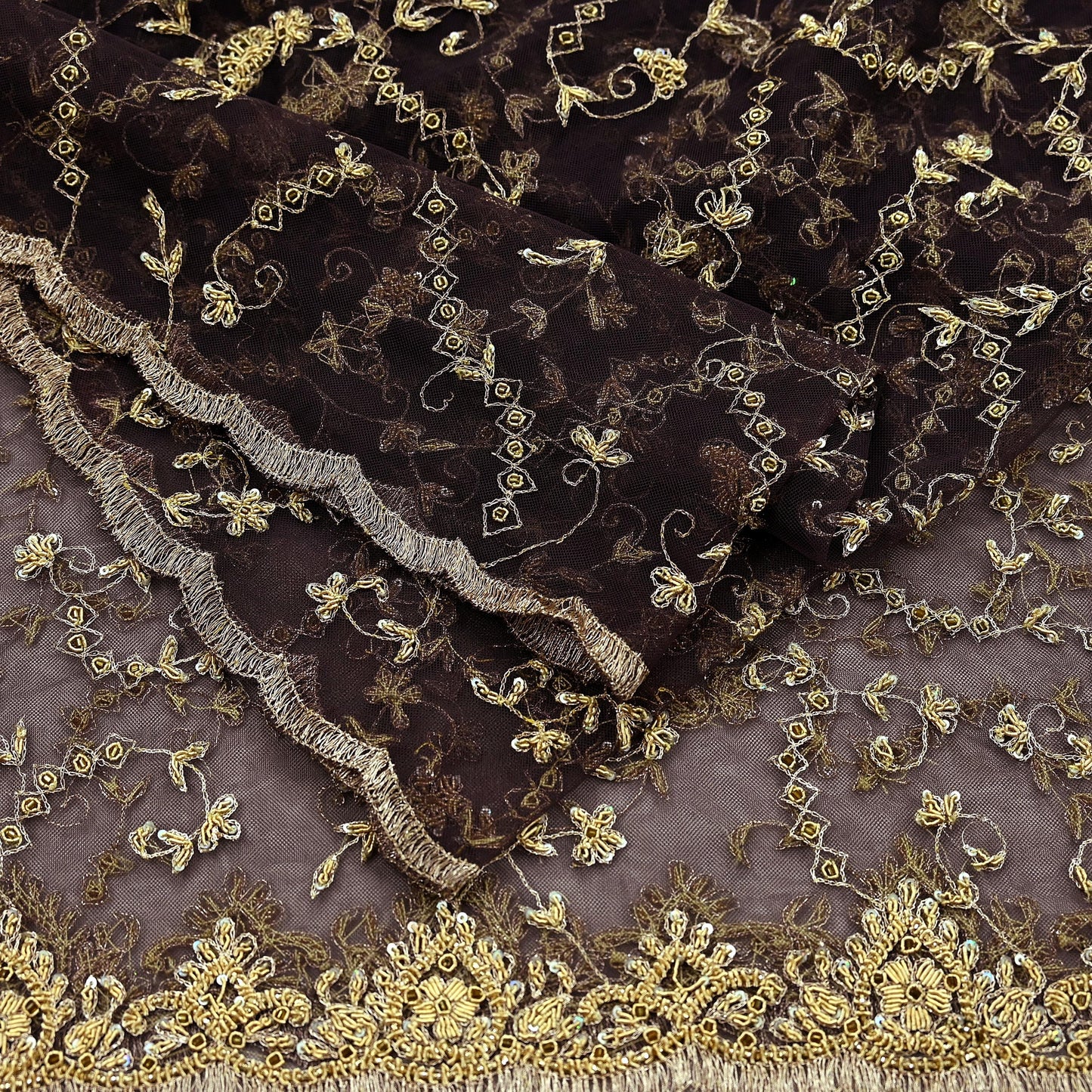 Indian Vintage Heavy Brown Dupatta Net Mesh Long Stole Hand Embroidered Scarf Zardozi Zari Sequins Stole Bridal Veil